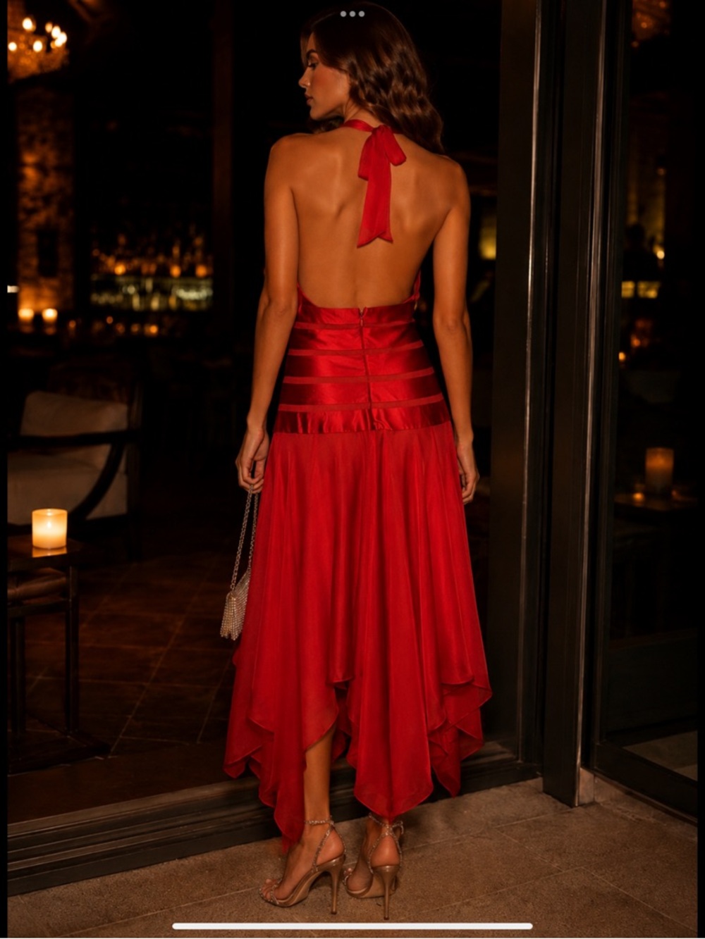 BCBGMAXAZRIA Pure Silk Halter Dress Red Y2K Glam Cocktail Evening Dress 10P - Picture 14 of 16